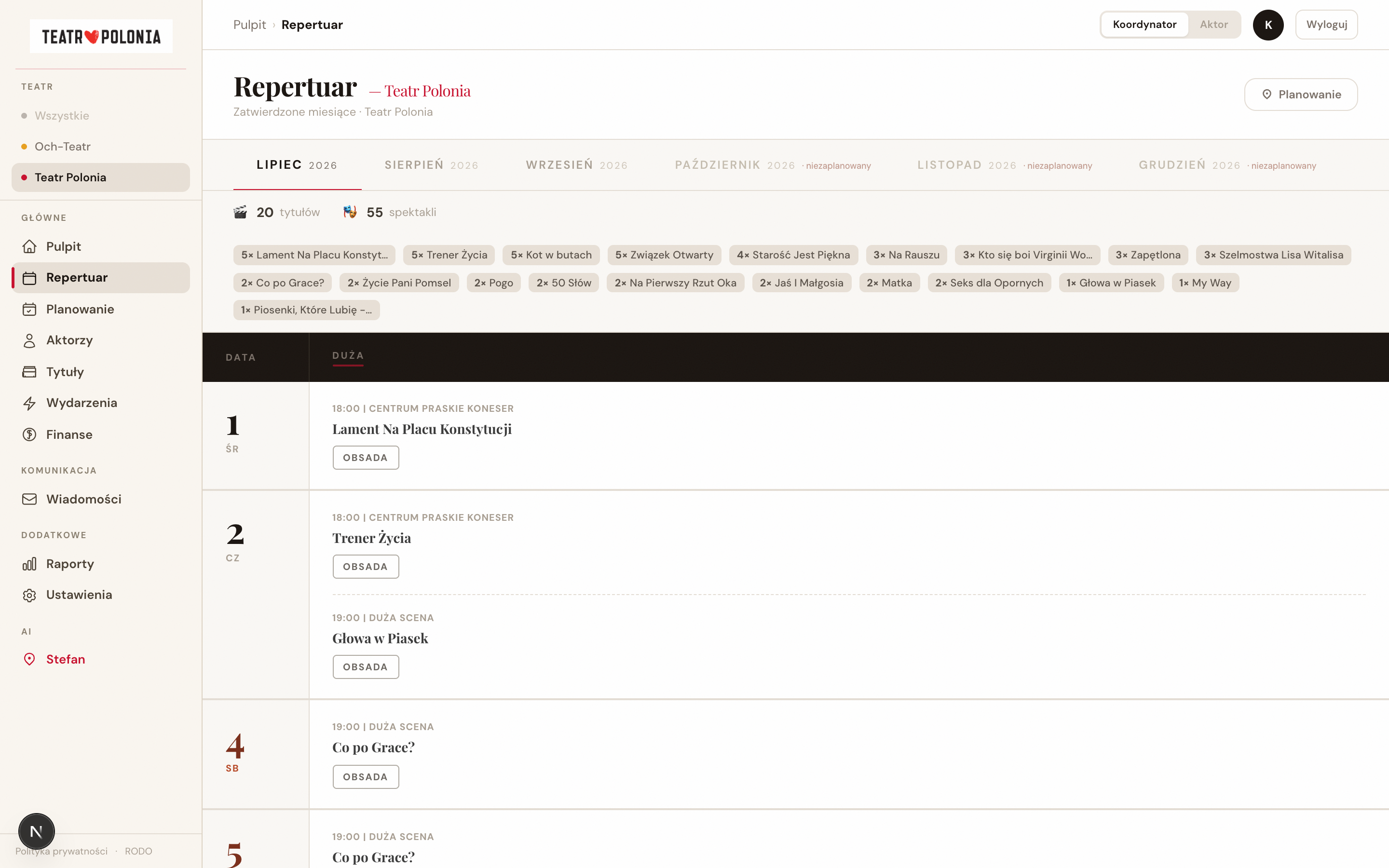 Repertoire view of a generated month with title statistics